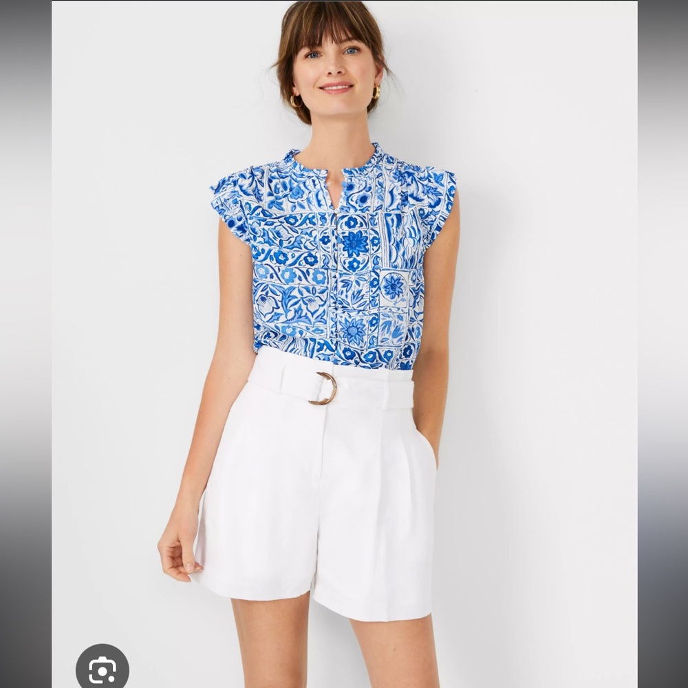 Tiled Mixed Media Ruffle Button Shell - image 2